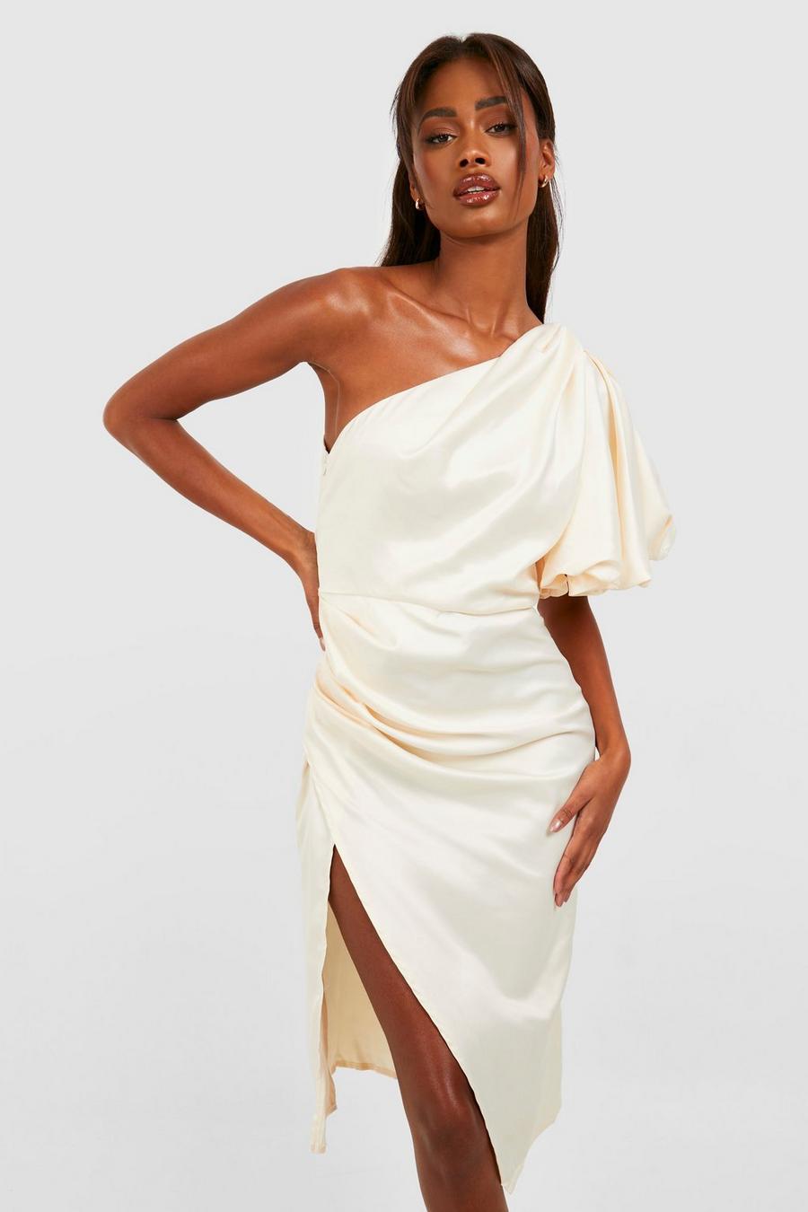 Ivory white Puff One Shoulder Side Split Midi Dress image number 1