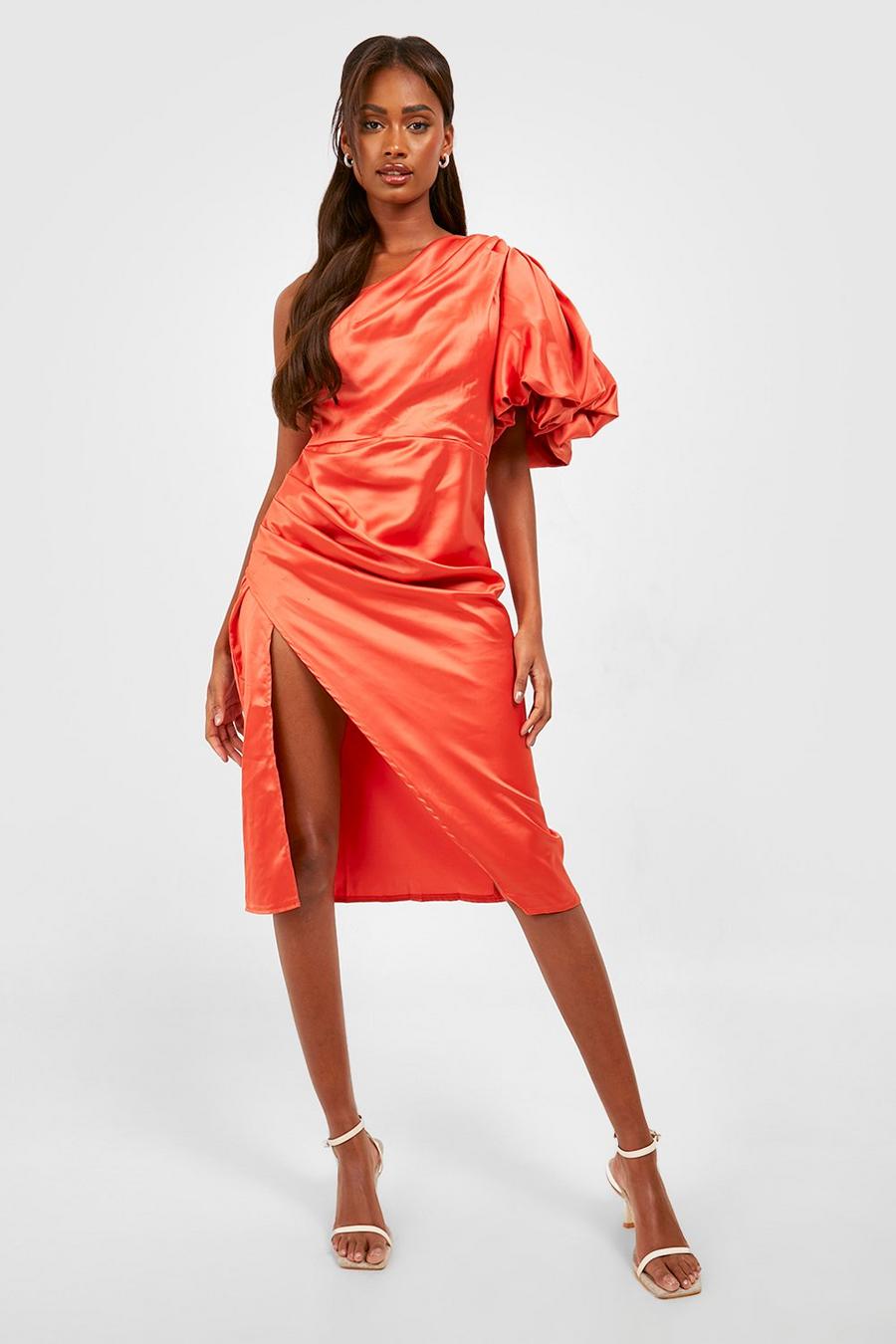 Orange Puff One Shoulder Side Split Midi Dress image number 1