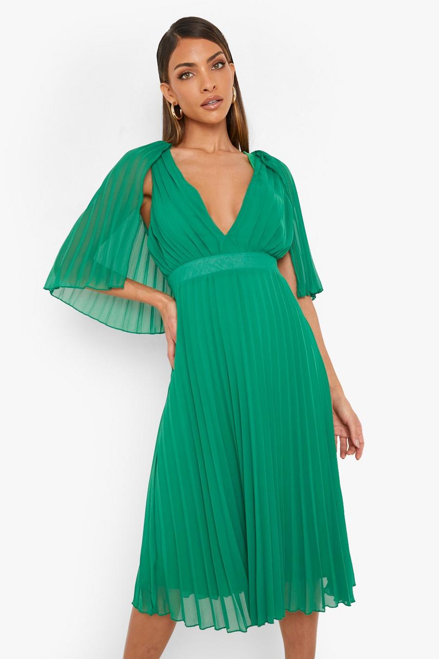 ירוק שמלת שושבינה באורך מידי עם קפלים ושכמייה
