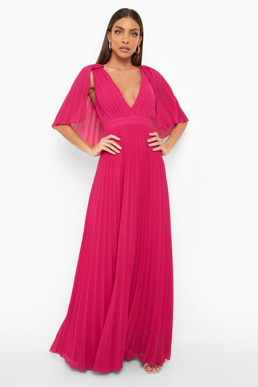 Vestido maxi plisado de dama de honor con detalle de capa, Hot pink image number 1