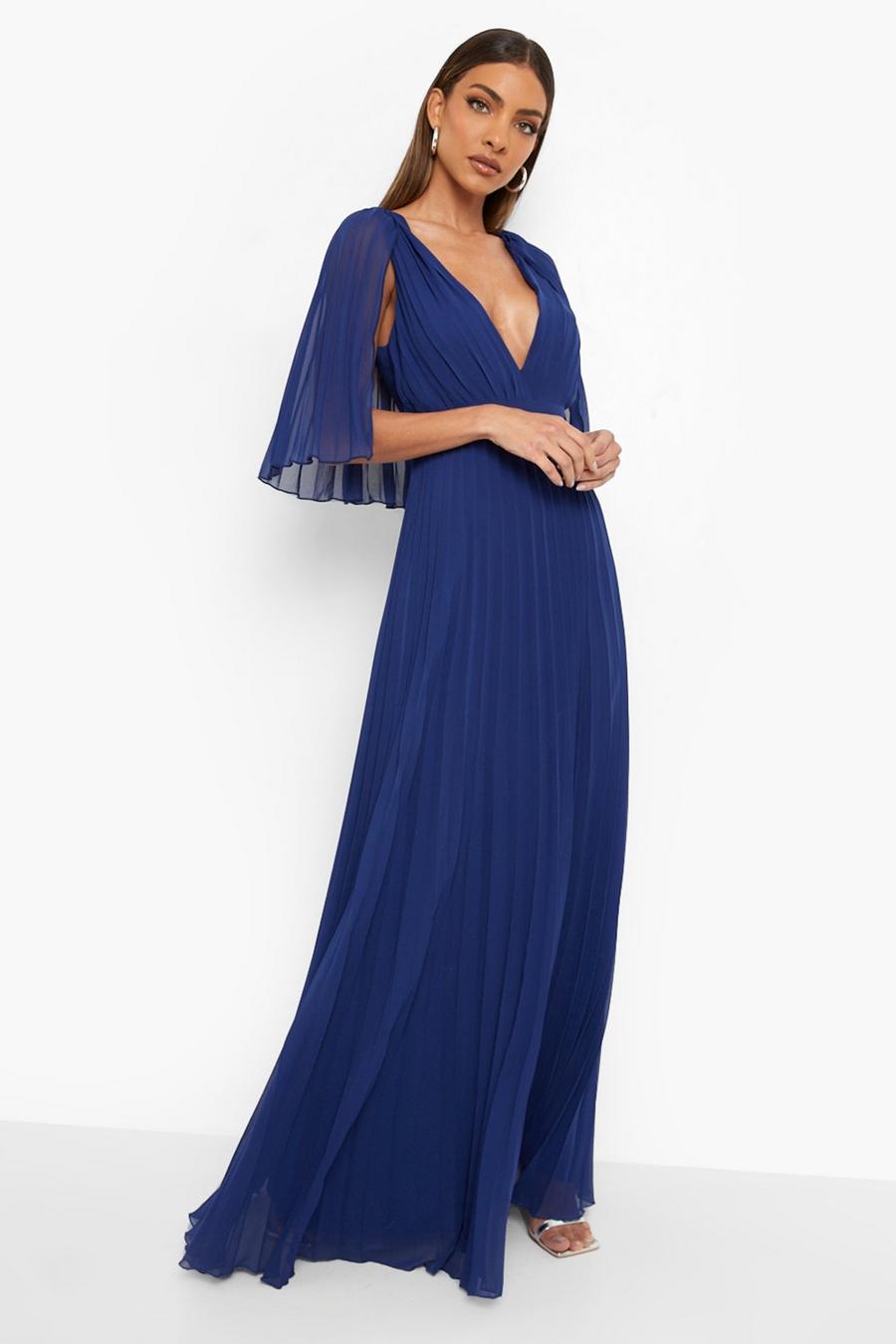 Navy Pleated Cape Detail Bridesmaid Maxi Dress image number 1
