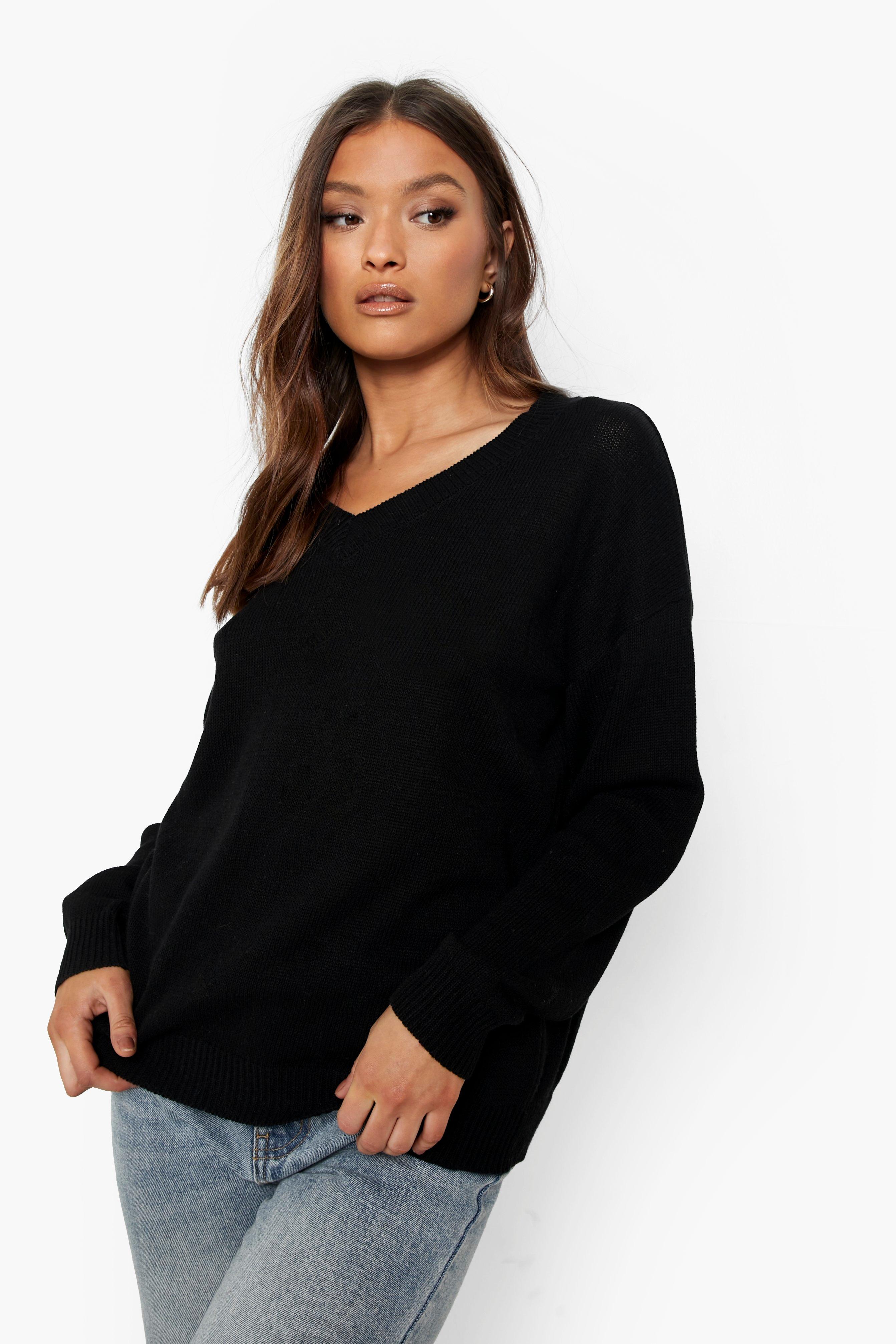 Gemulate Black V Neck Jumper Women Jumpers for Women Lightweight