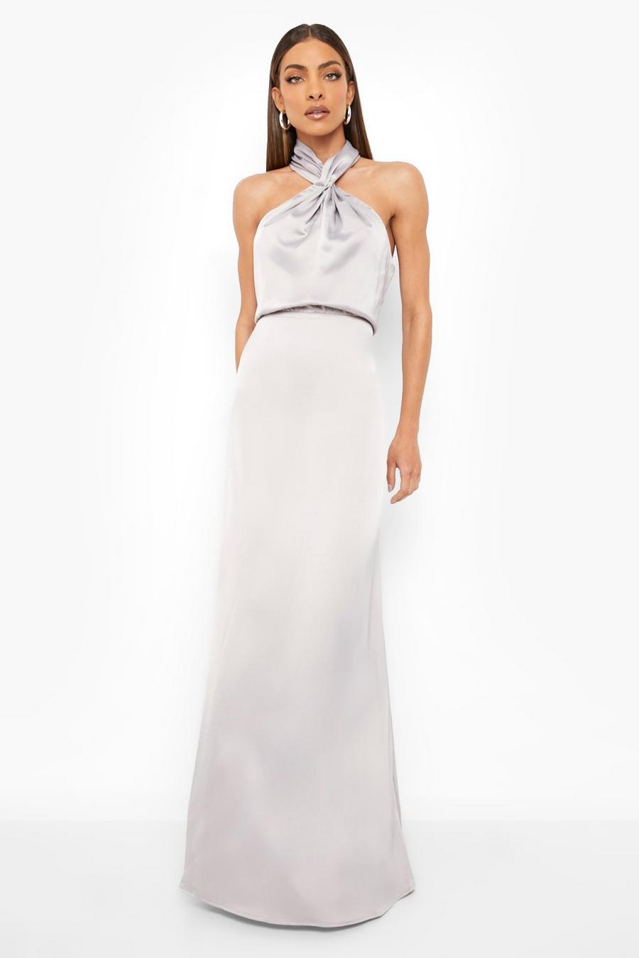 אפור בהיר שמלת שושבינות מקסי מסאטן עם פיתול וצווארון קולר image number 1