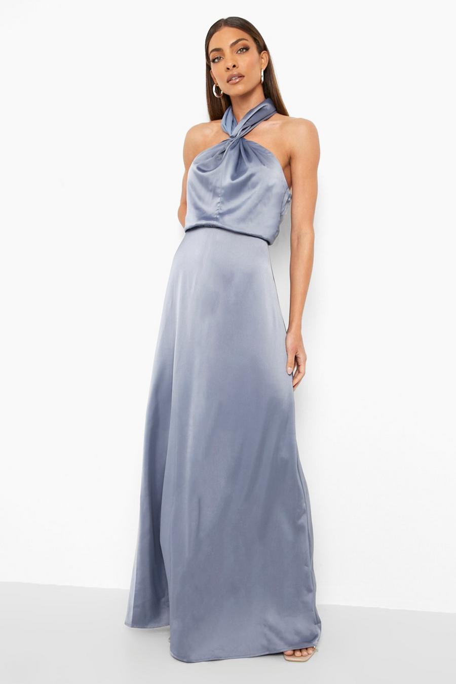 Slate blue Satin Halterneck Twist Maxi Bridesmaid Dress