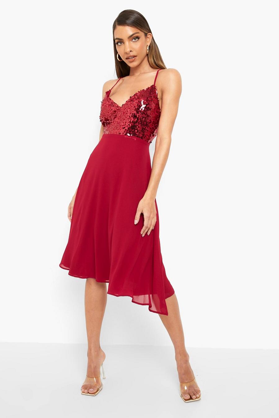 Berry Strappy Sequin Midi Skater Dress image number 1