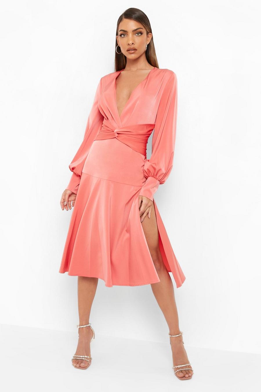 Coral pink Satin Twist Front Midi Bridesmaid Dress