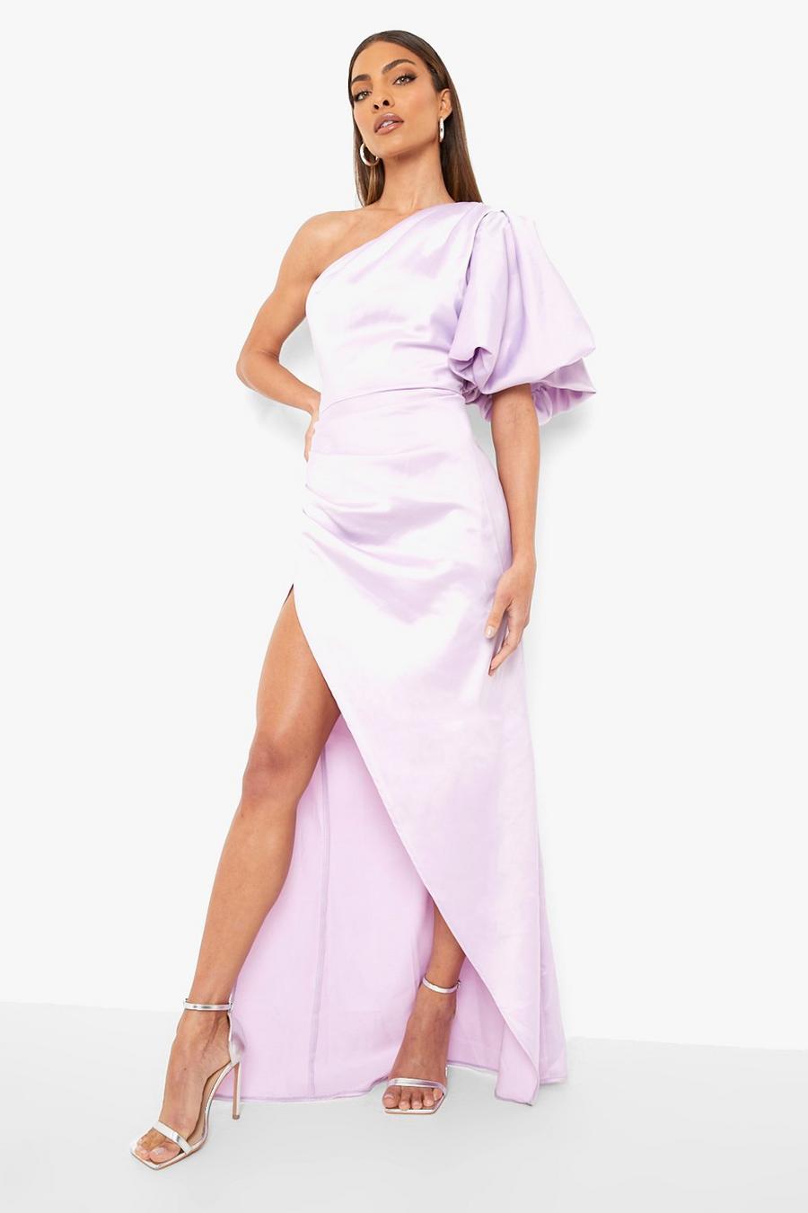 Lilac purple Puff One Shoulder Side Split Maxi Dress image number 1