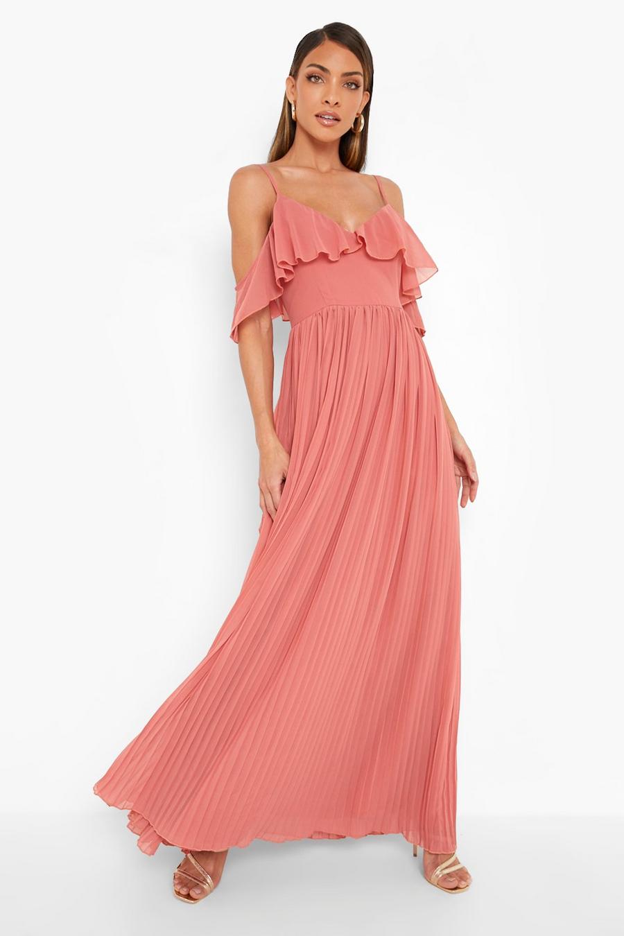 Rose pink Cold Shoulder Ruffle Maxi Bridesmaid Dress