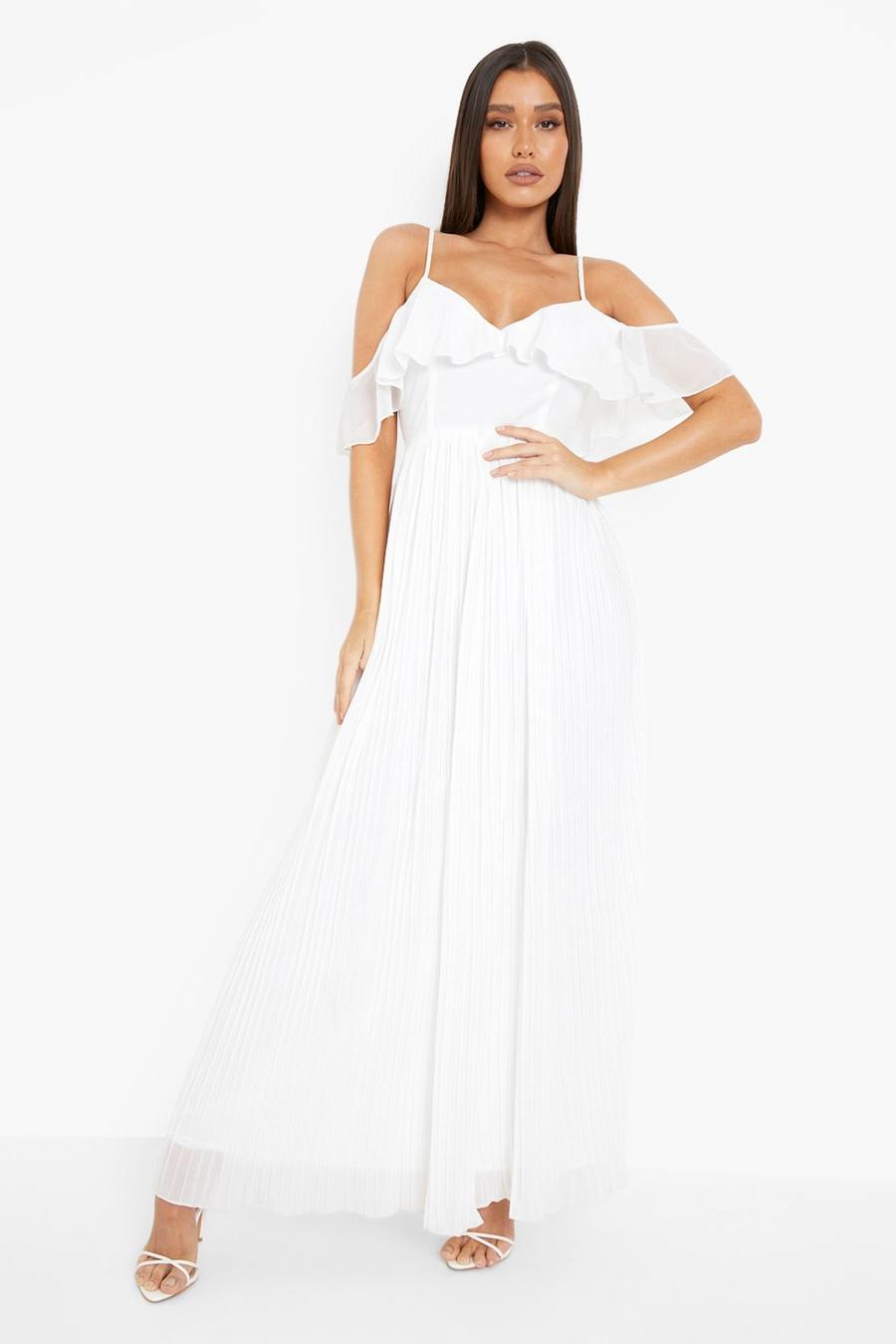 White Cold Shoulder Ruffle Maxi Bridesmaid Dress