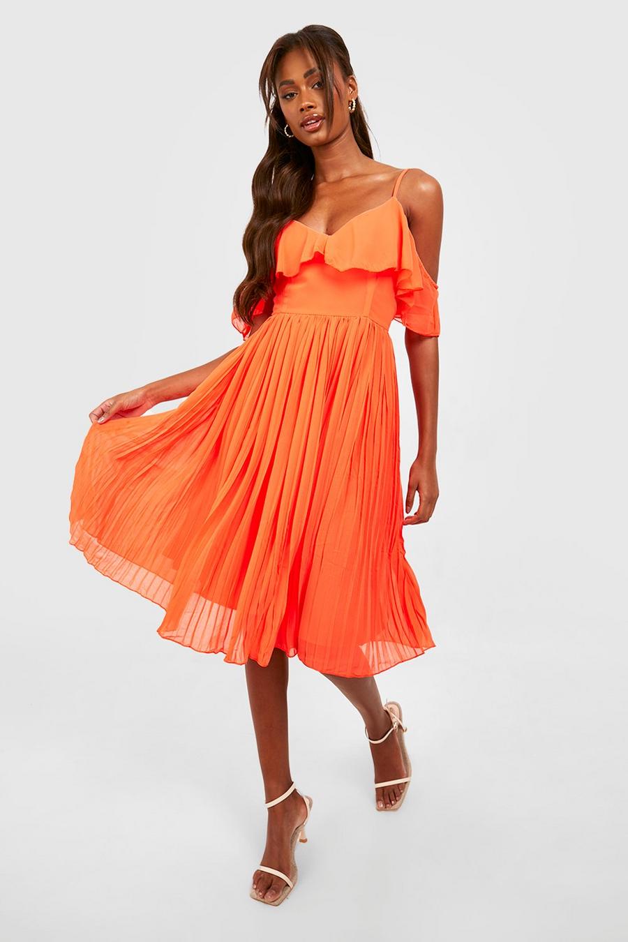 Orange Cold Shoulder Ruffle Midi Bridesmaid Dress image number 1