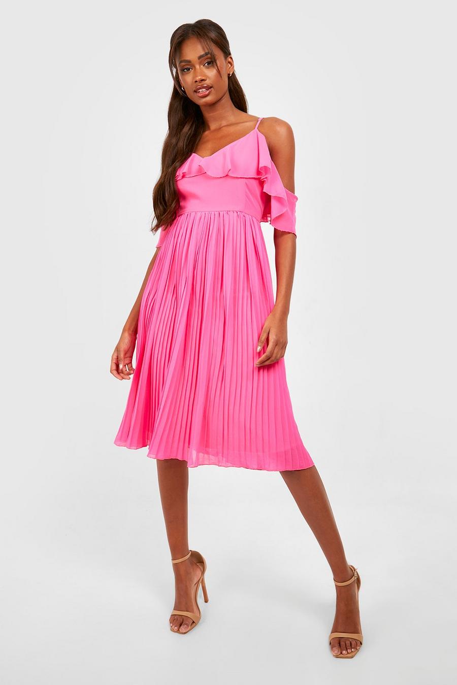 Pink rosa Knälång cold shoulder-klänning med volanger image number 1