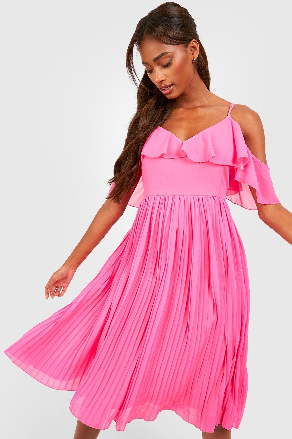 Pink Womens Clothing Dresses Cocktail and party dresses Boohoo Cold Shoulder Ruffle Midi Bridesmaid Dress in Blush 