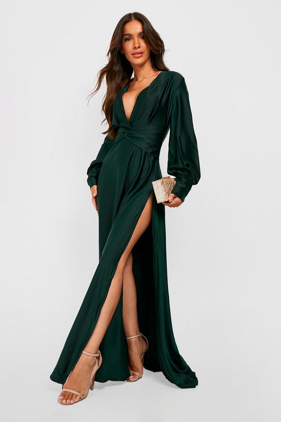 Emerald Satin Twist Front Maxi Bridesmaid Dress image number 1
