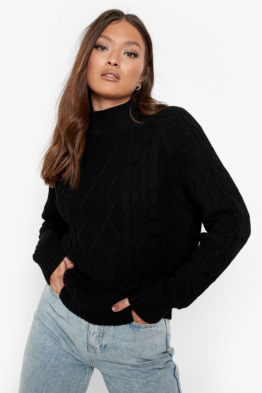 Black Balloon Sleeve Cable Knitted Sweater image number 1