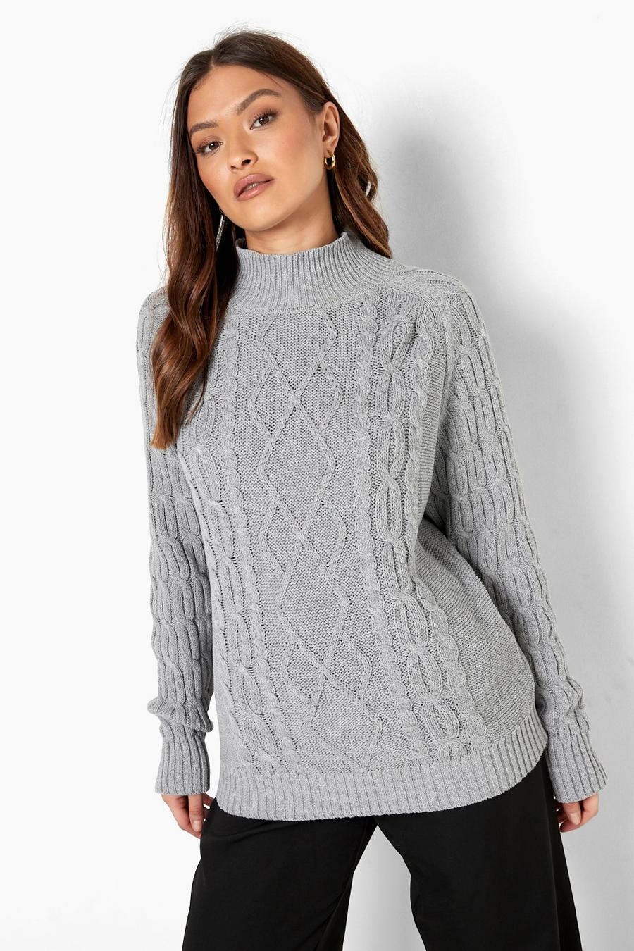 Grey Balloon Sleeve Cable Knitted Jumper image number 1