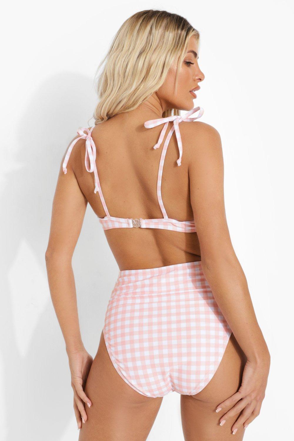 Pink gingham high waisted bikini hot sale