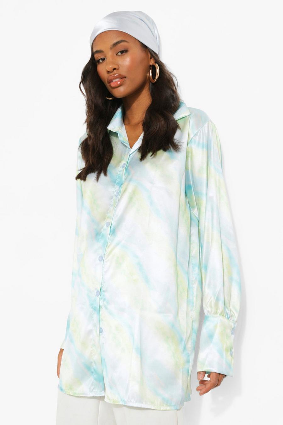 Green Abstract Print Oversized Satin Shirt image number 1