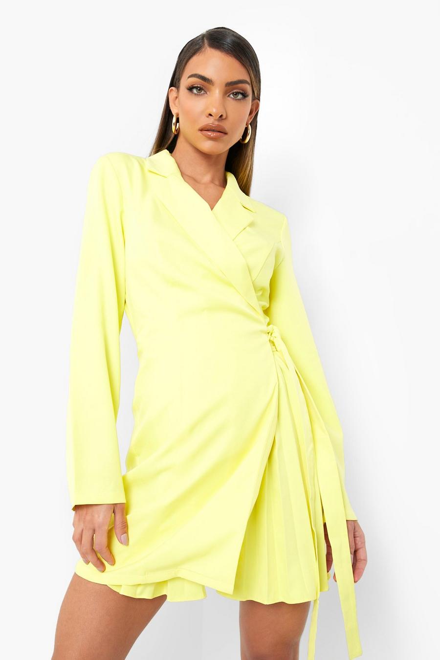 Yellow Woven Wrap Pleat Detail Blazer Dress image number 1