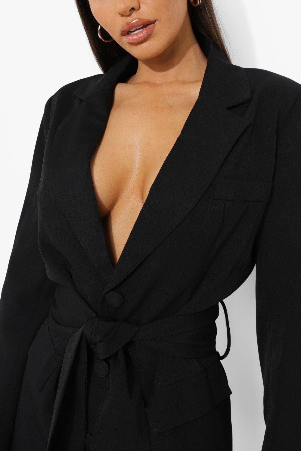 Black Structured Woven Oversized Button Blazer Dress, Dresses