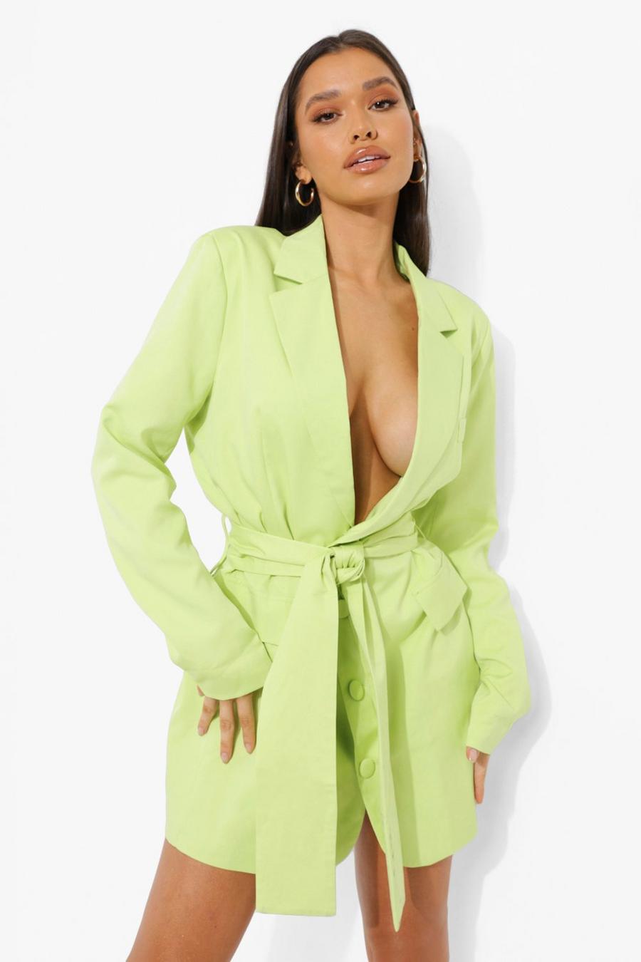 Washed lime gelb Woven Oversized Belted Blazer Dress