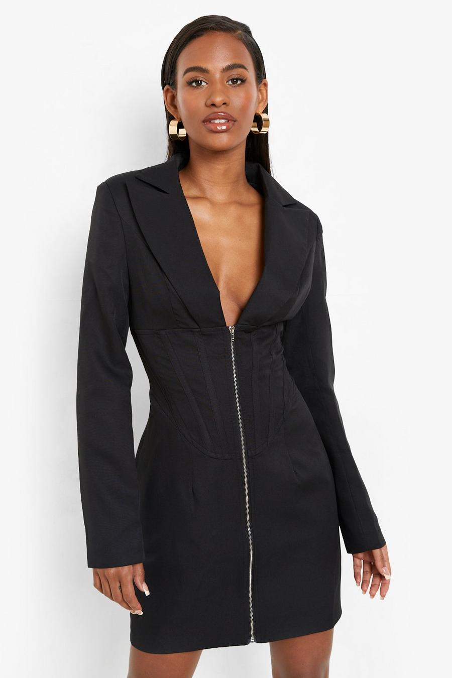 Black noir Corset Waist Detail Zip Blazer Dress