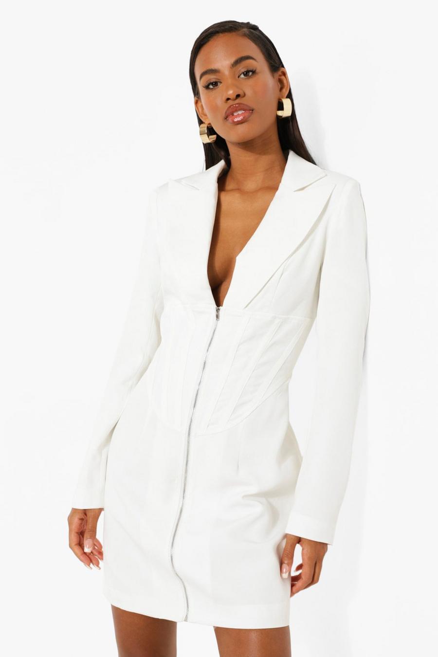 White Corset Waist Detail Zip Blazer Dress image number 1