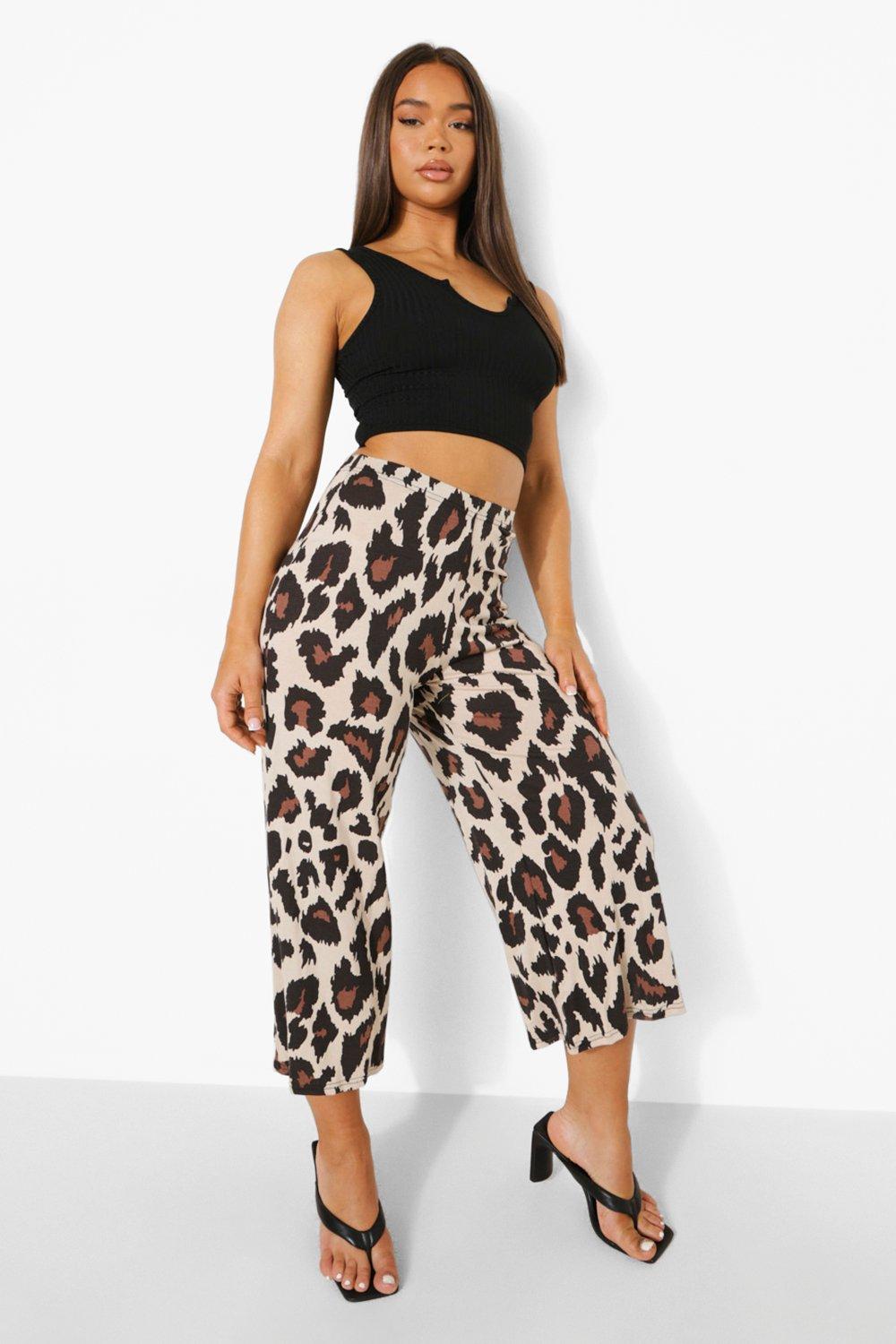 Ladies 3/4 Leopard Animal Print Cropped Wide Leg Culottes Palazzo Summer Pants 