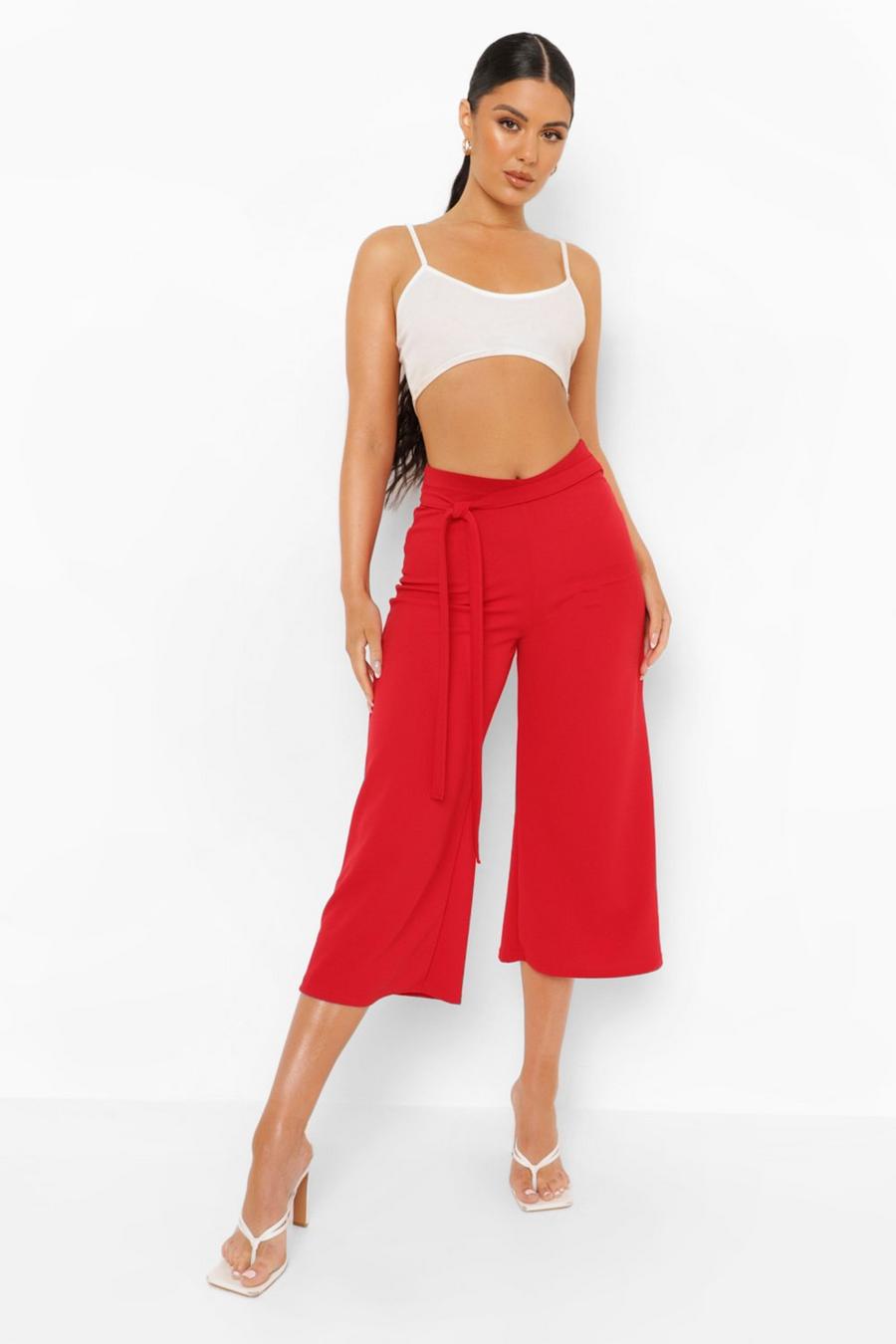 Red Crepe Tie Waist Culotte image number 1