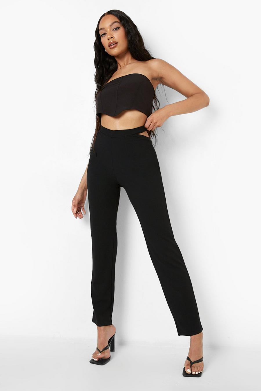 Black Crepe Cut Out Detail Straight Leg Trouser image number 1