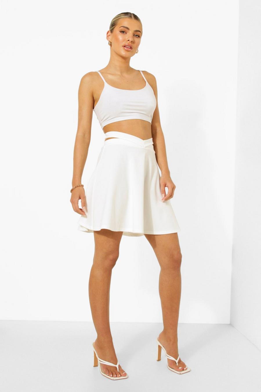 Ivory white Cut Out Waist Crepe Skater Skirt