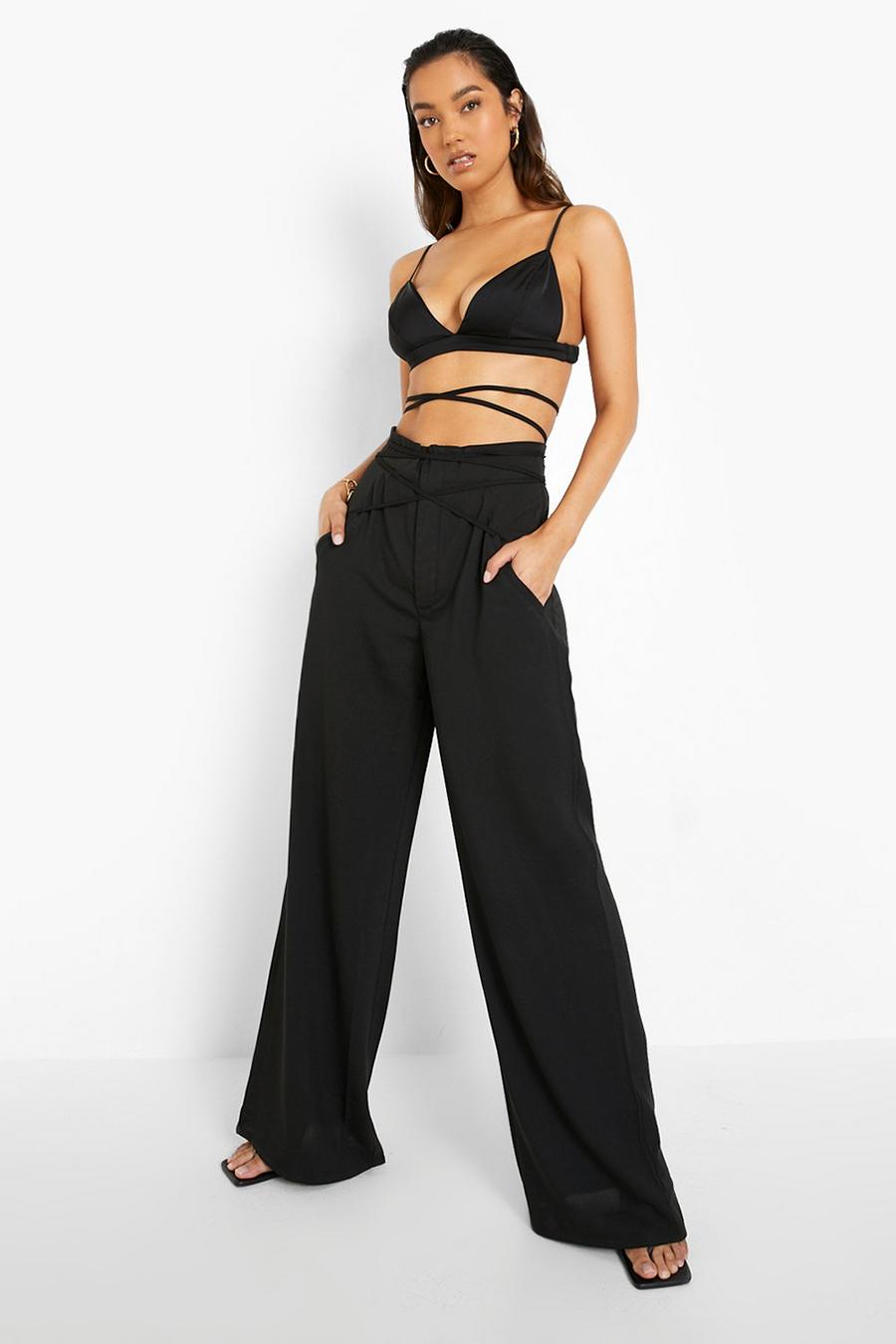 Black Strappy Detail Waist Woven Wide Leg Pants image number 1