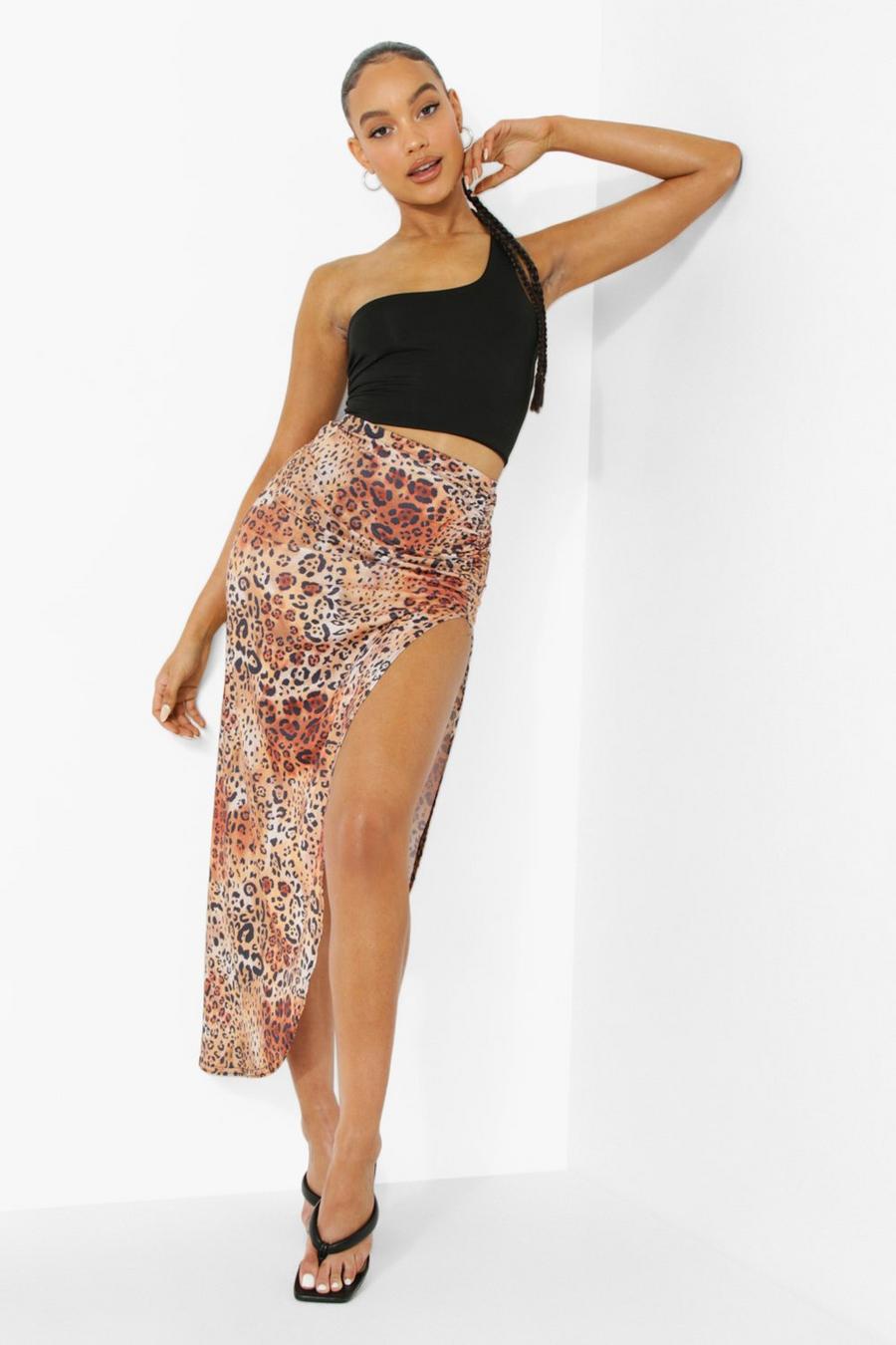 Brown Ruched Side Animal Print Maxi Skirt image number 1