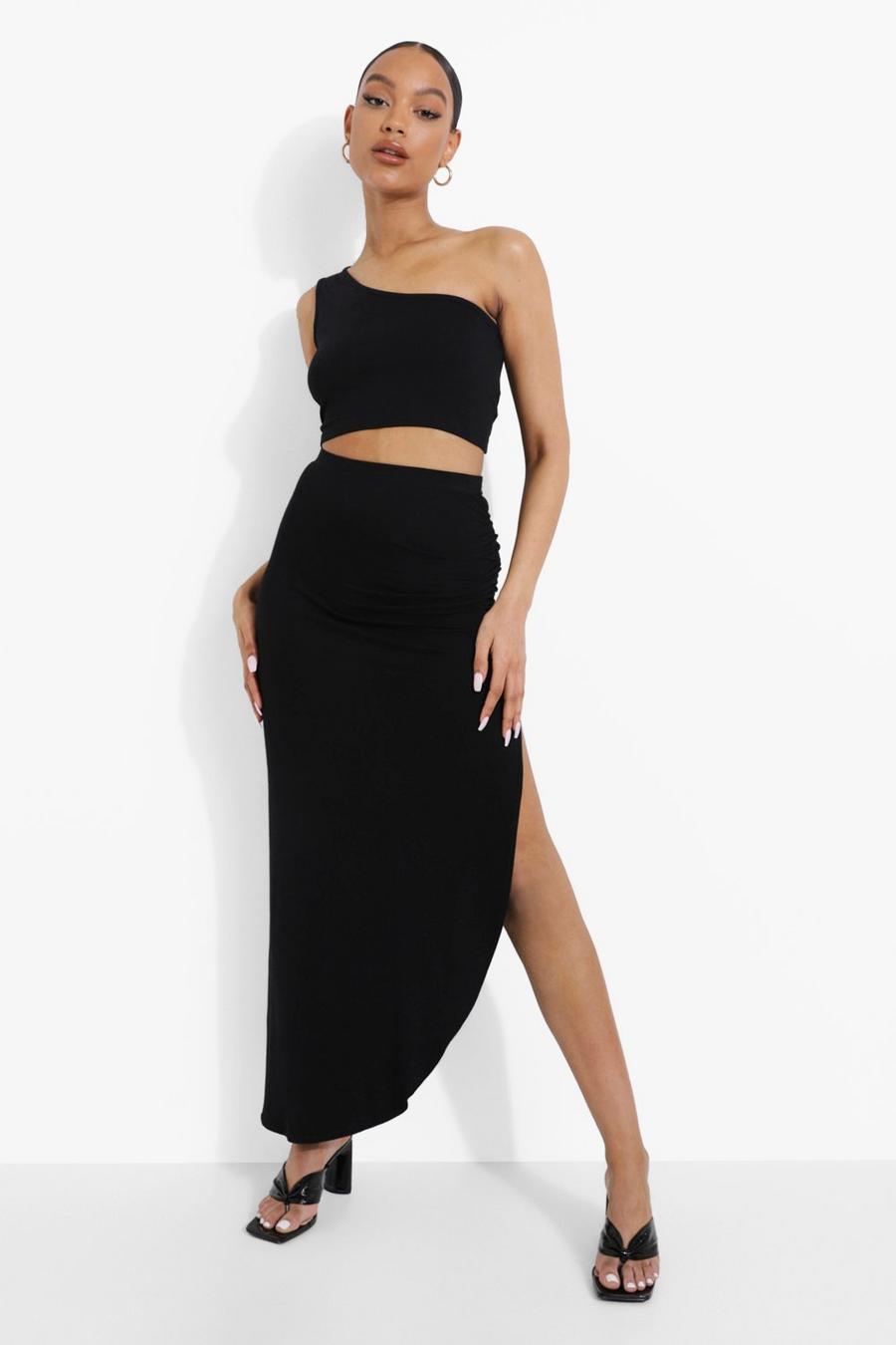 Black Ruched Side Jersey Maxi Skirt image number 1