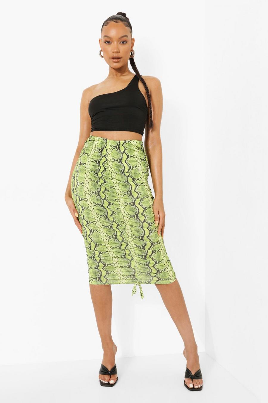 Lime Slinky Ruched Detail Snake Print Midi Skirt image number 1