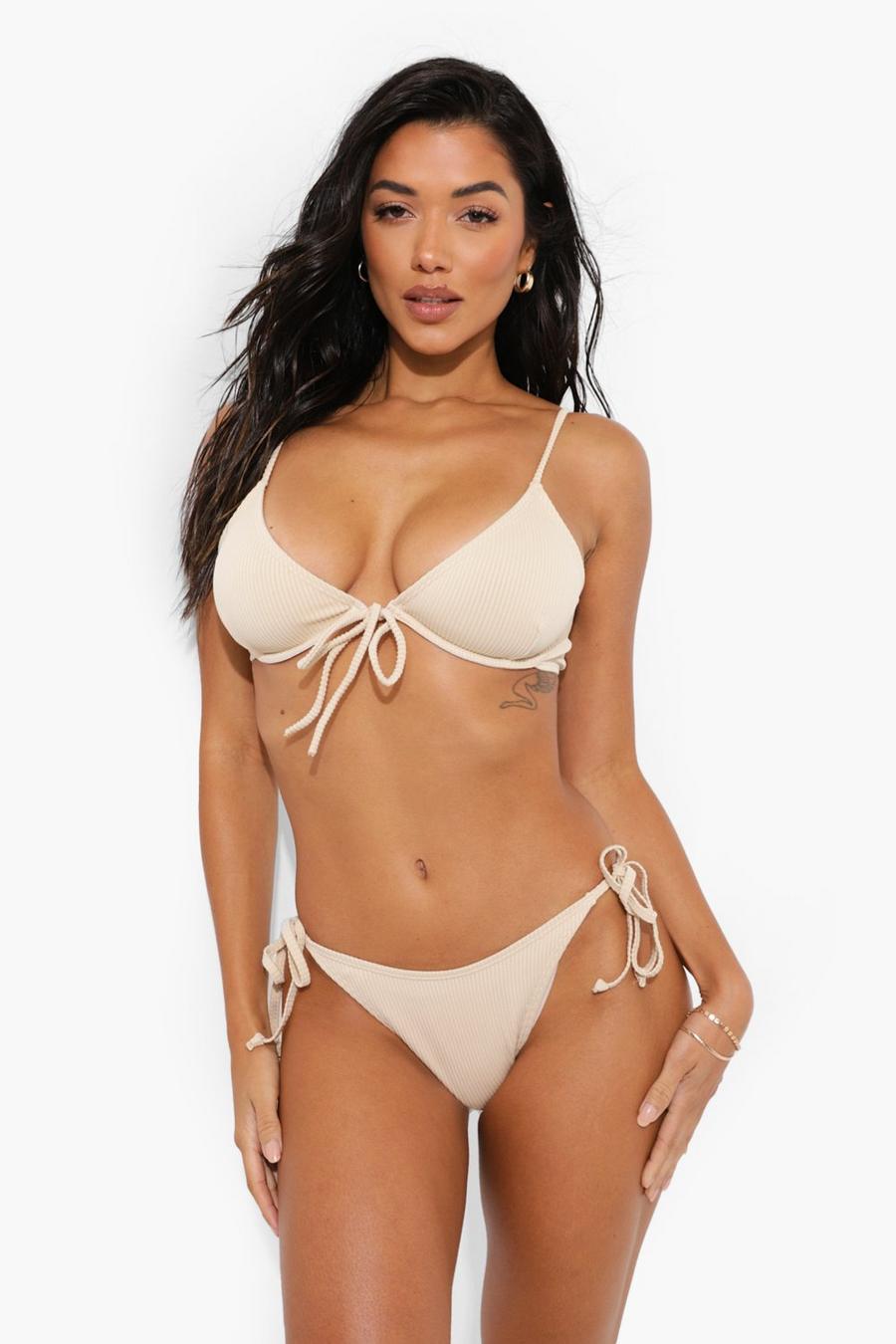 Parte superiore bikini a coste con ferretto per seno abbondante, Sabbia image number 1