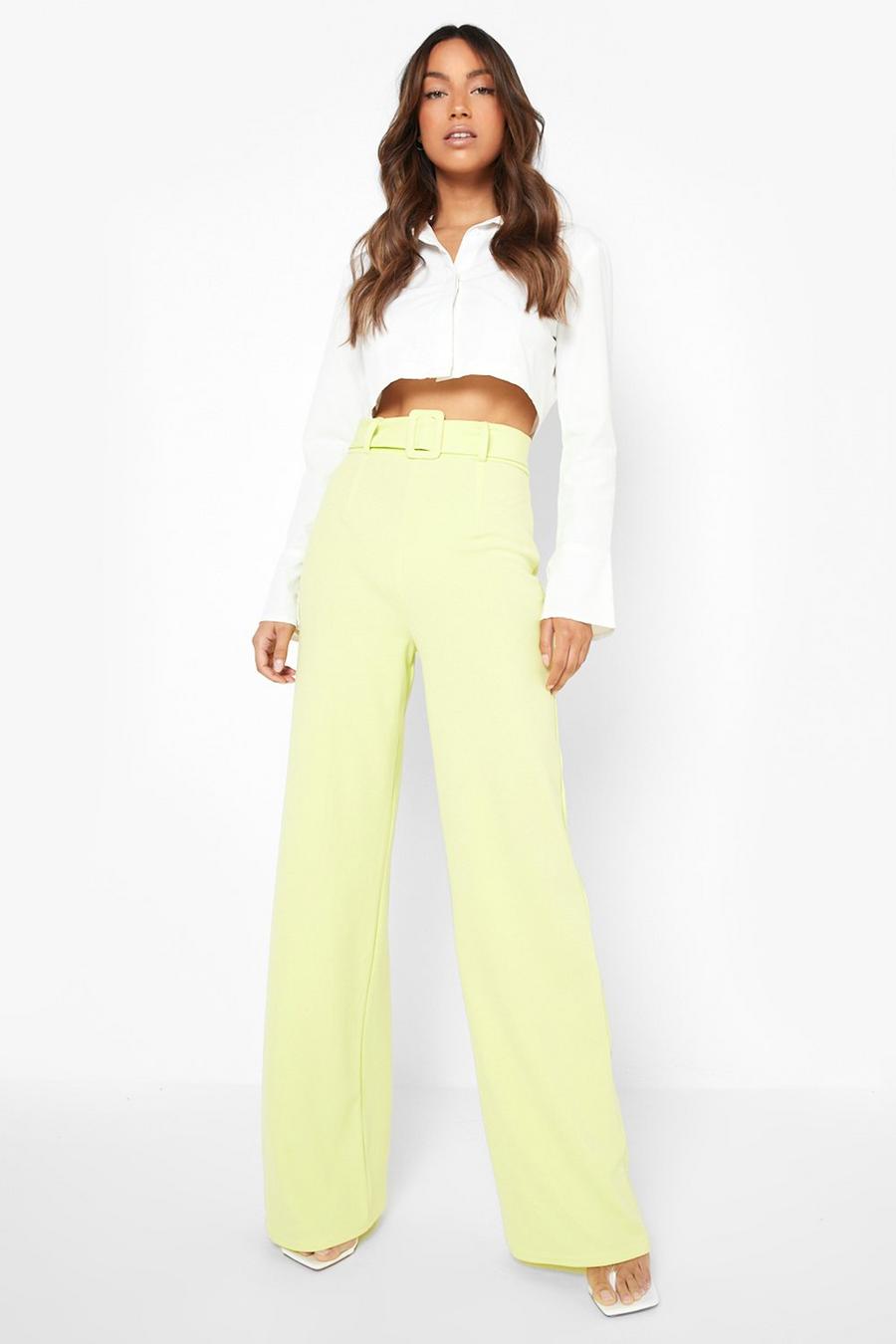 Lime Neon Belted Wide Leg Crepe Trouser image number 1