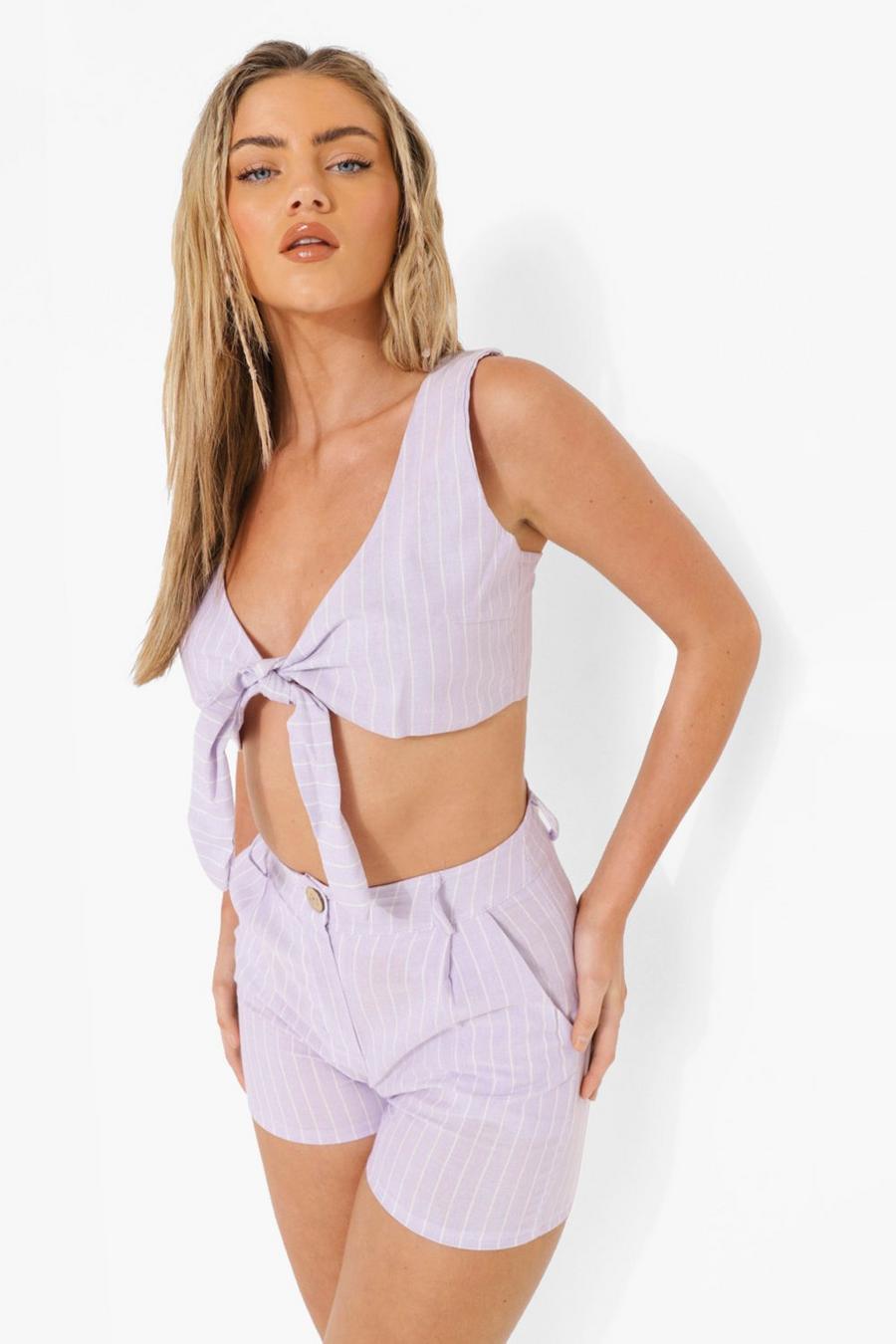 Lilac Linen Look Pinstripe Tie Crop Top & Shorts Set image number 1