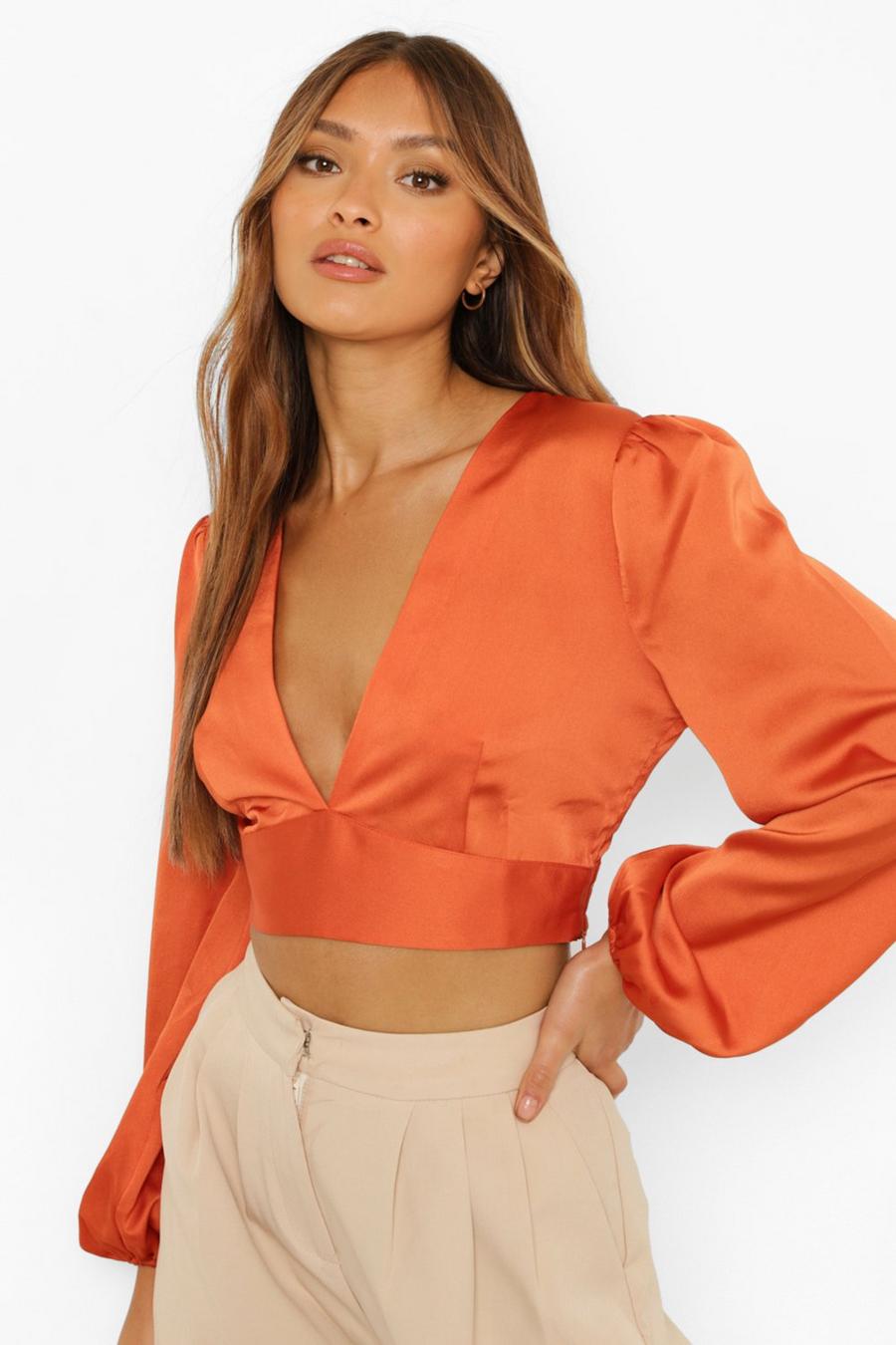Rust Satin Puff Sleeve Top image number 1