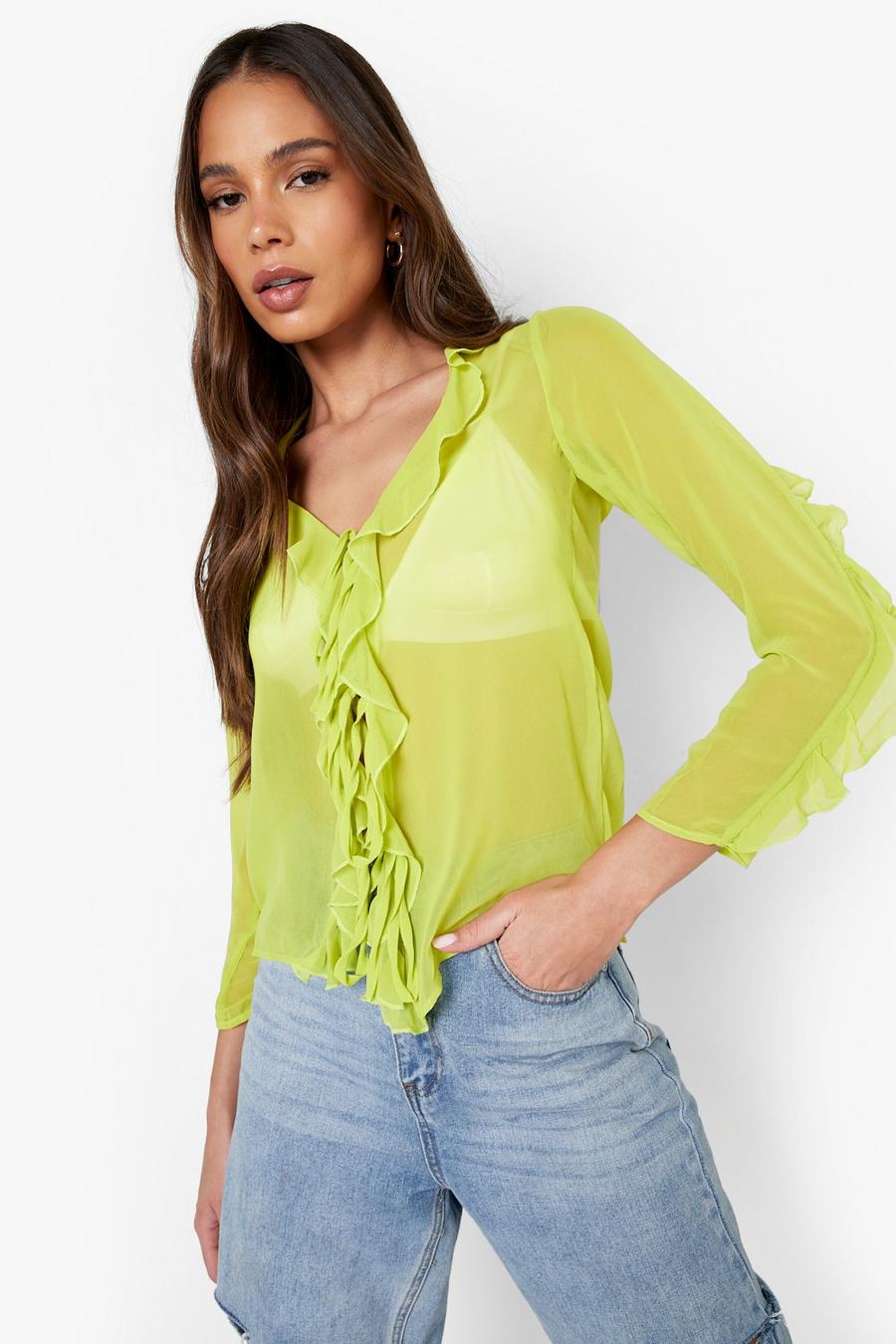 Chartreuse Ruffle Chiffon Tie Blouse image number 1