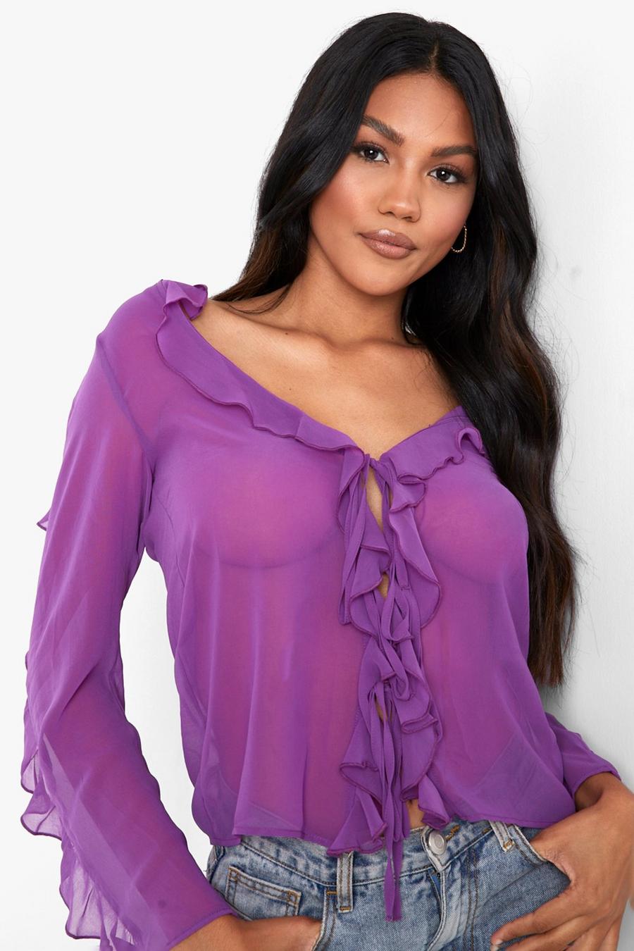 Geschnürte Chiffon-Bluse mit Rüschen, Purple image number 1