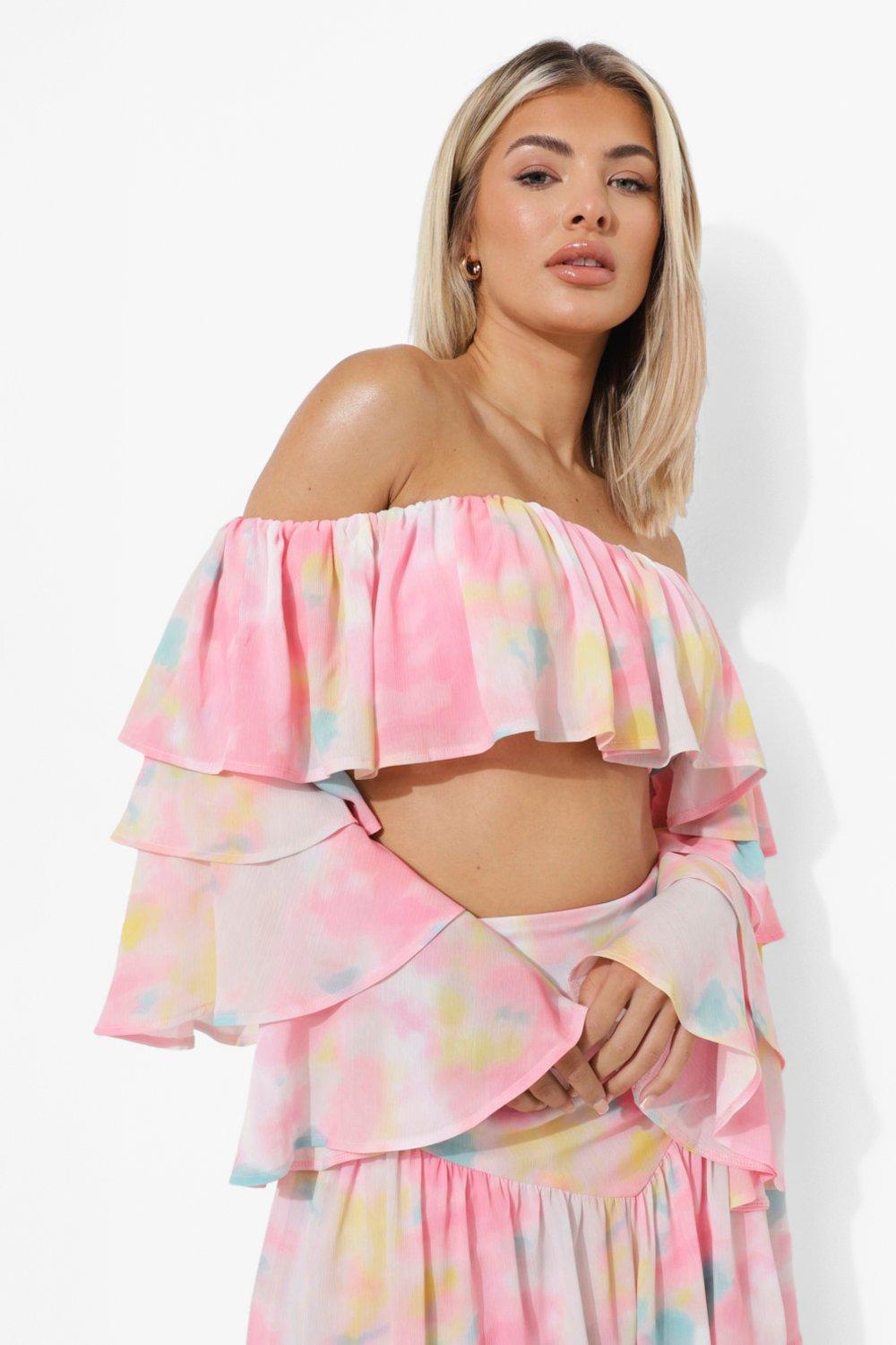 Pink Bardot Ruffle Sleeve Crop Top