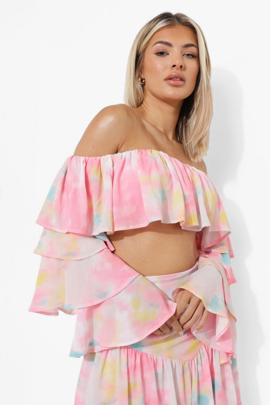Pink Off The Shoulder Ruffle Sleeve Crop Top image number 1