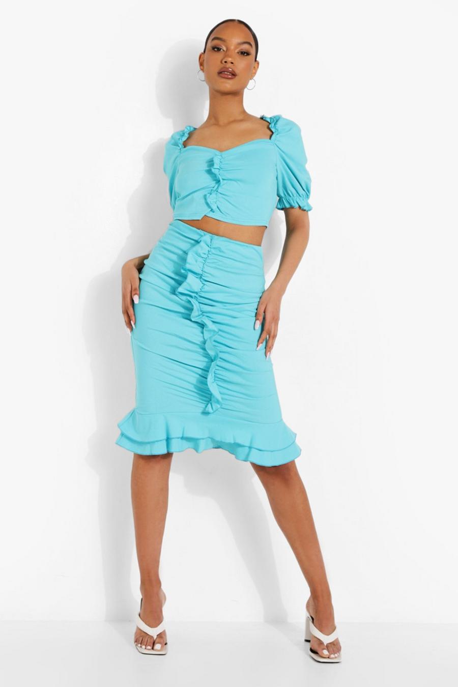 Azure Puff Sleeve Sweetheart Crop & Ruffle Skirt image number 1