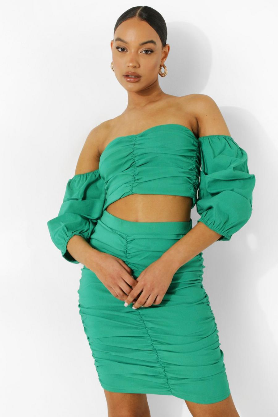 Bright green Off The Shoulder Ruched Crop & Skirt Set image number 1
