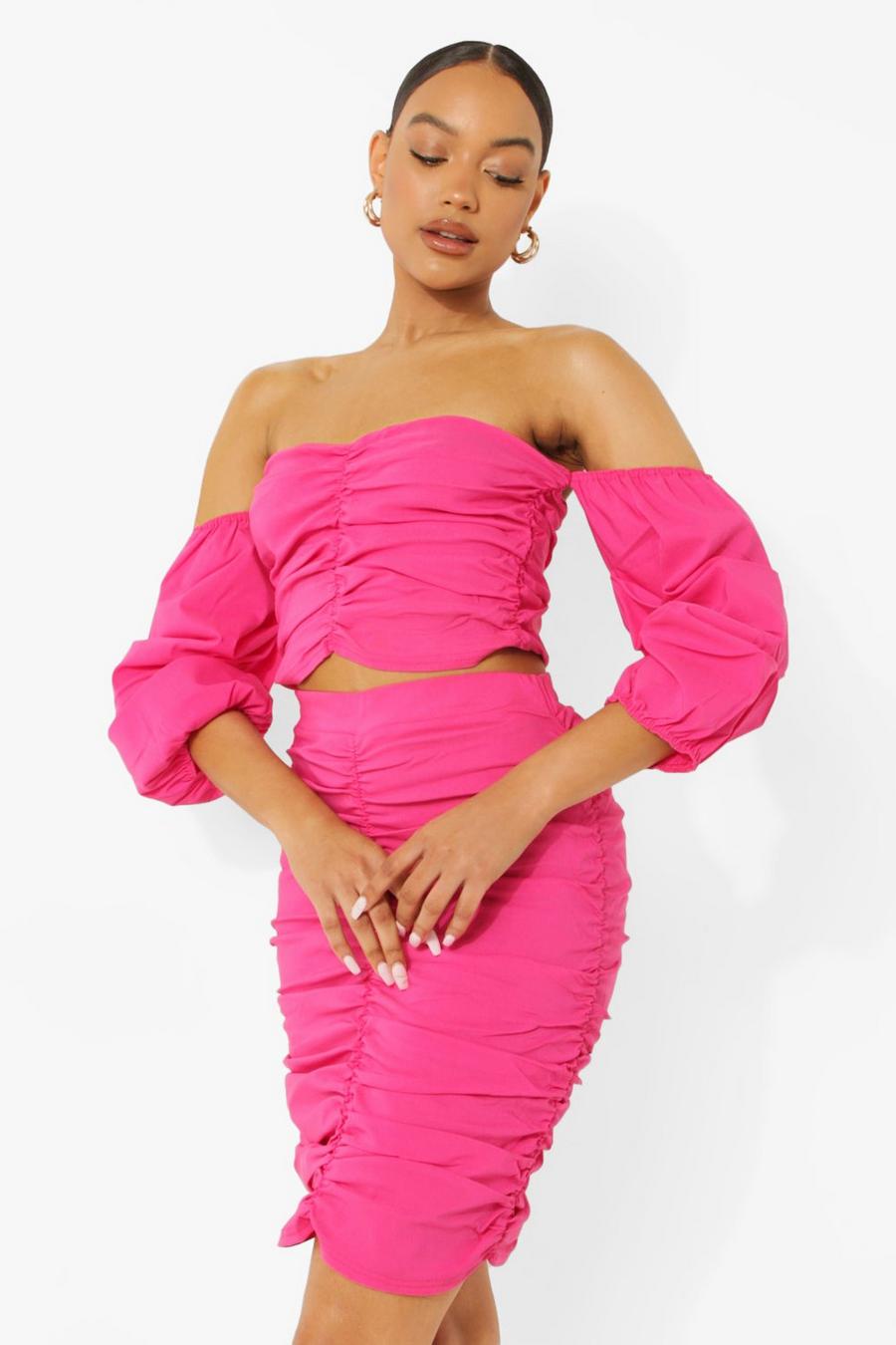 Hot pink Bardot Ruched Crop & Skirt Set image number 1