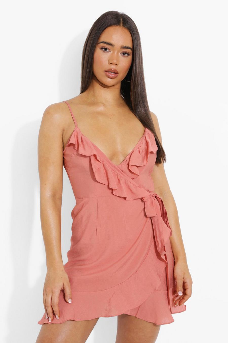 Coral Strappy Ruffle Wrap Mini Dress image number 1