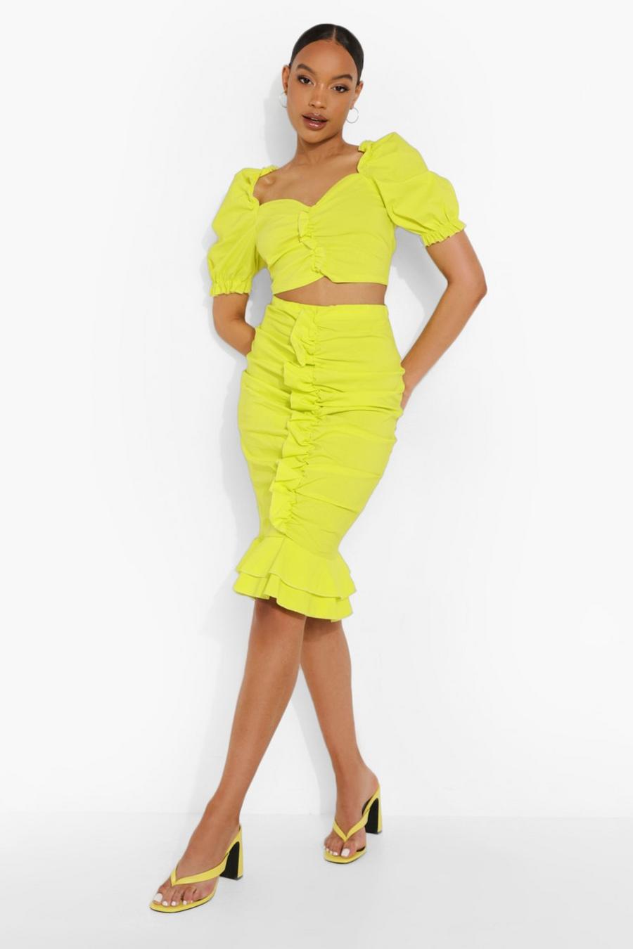 Lime green Puff Sleeve Sweetheart Crop & Ruffle Skirt