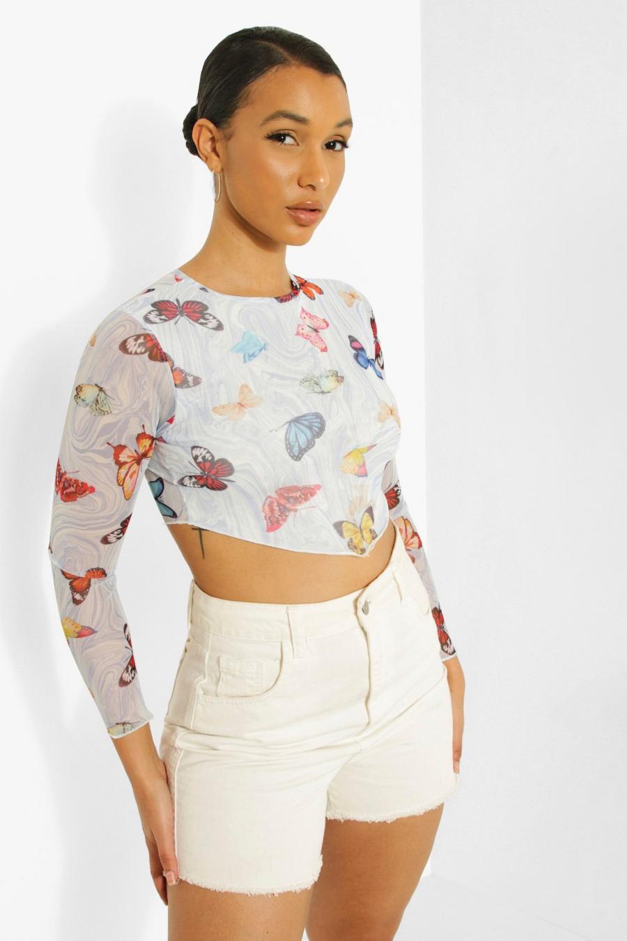 Blue Butterfly Mesh Pointed Hem Crop Top image number 1
