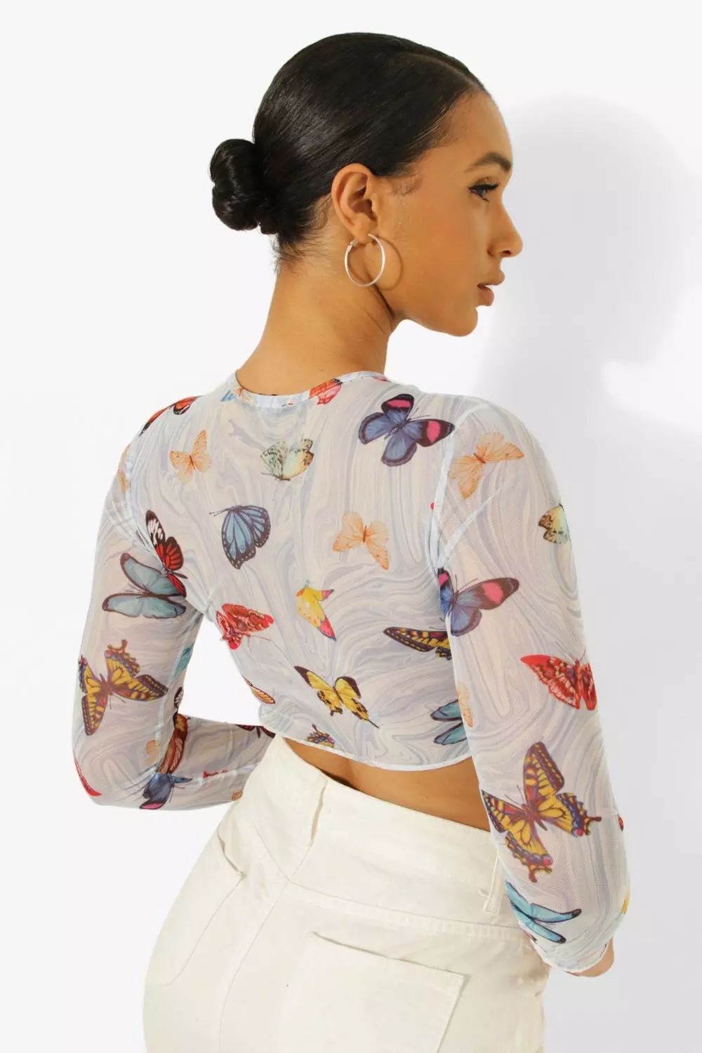 Blue Butterfly Mesh Pointed Hem Crop Top alternative image