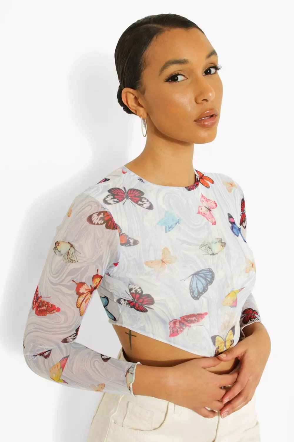 Blue Butterfly Mesh Pointed Hem Crop Top alternative image